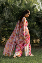 Fuchsia Sunset Floral Organza Drape Saree with Embellished Belt