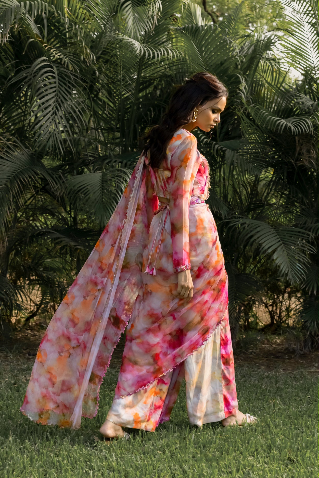 Fuchsia Sunset Floral Organza Drape Saree with Embellished Belt