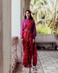 Magenta & Red Floral Print Pre-Draped Saree with Belted Waist and Bishop Sleeve Blouse