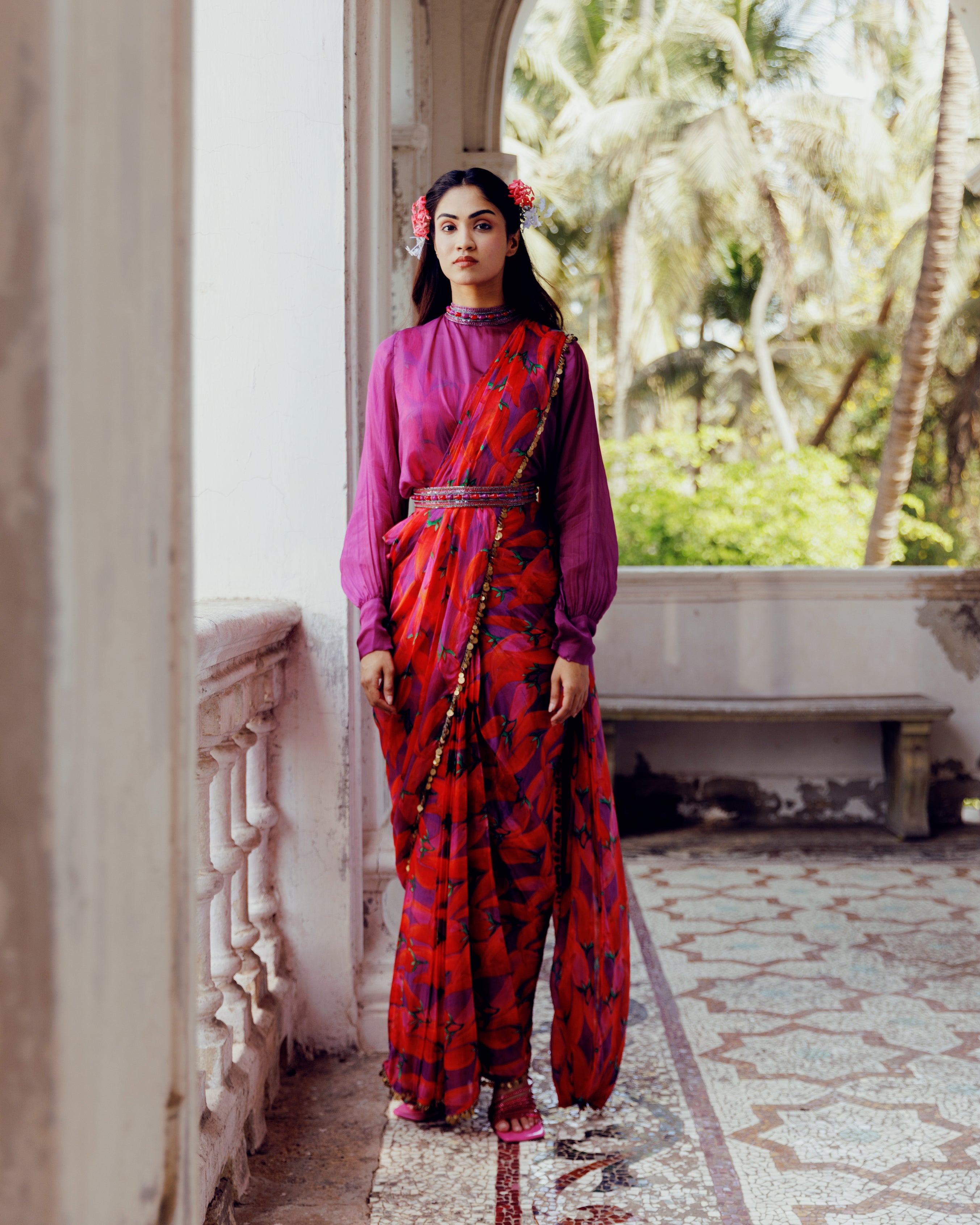 Magenta & Red Floral Print Pre-Draped Saree with Belted Waist and Bishop Sleeve Blouse