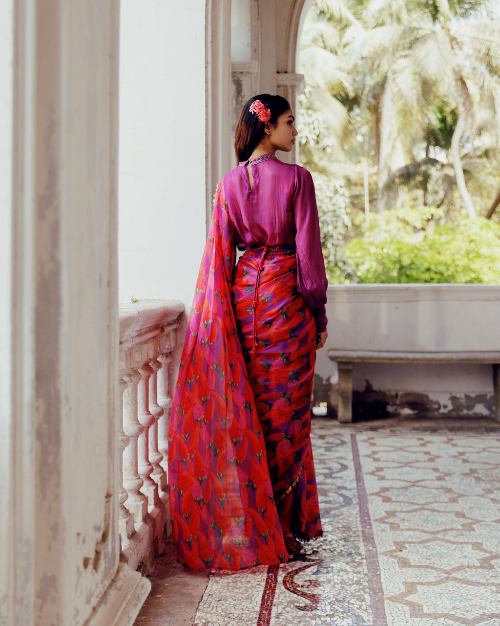 Magenta & Red Floral Print Pre-Draped Saree with Belted Waist and Bishop Sleeve Blouse