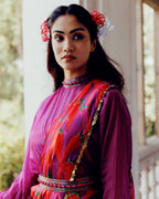 Magenta & Red Floral Print Pre-Draped Saree with Belted Waist and Bishop Sleeve Blouse