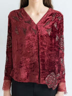 Embellished Velvet V-Neck Top in Deep Burgundy