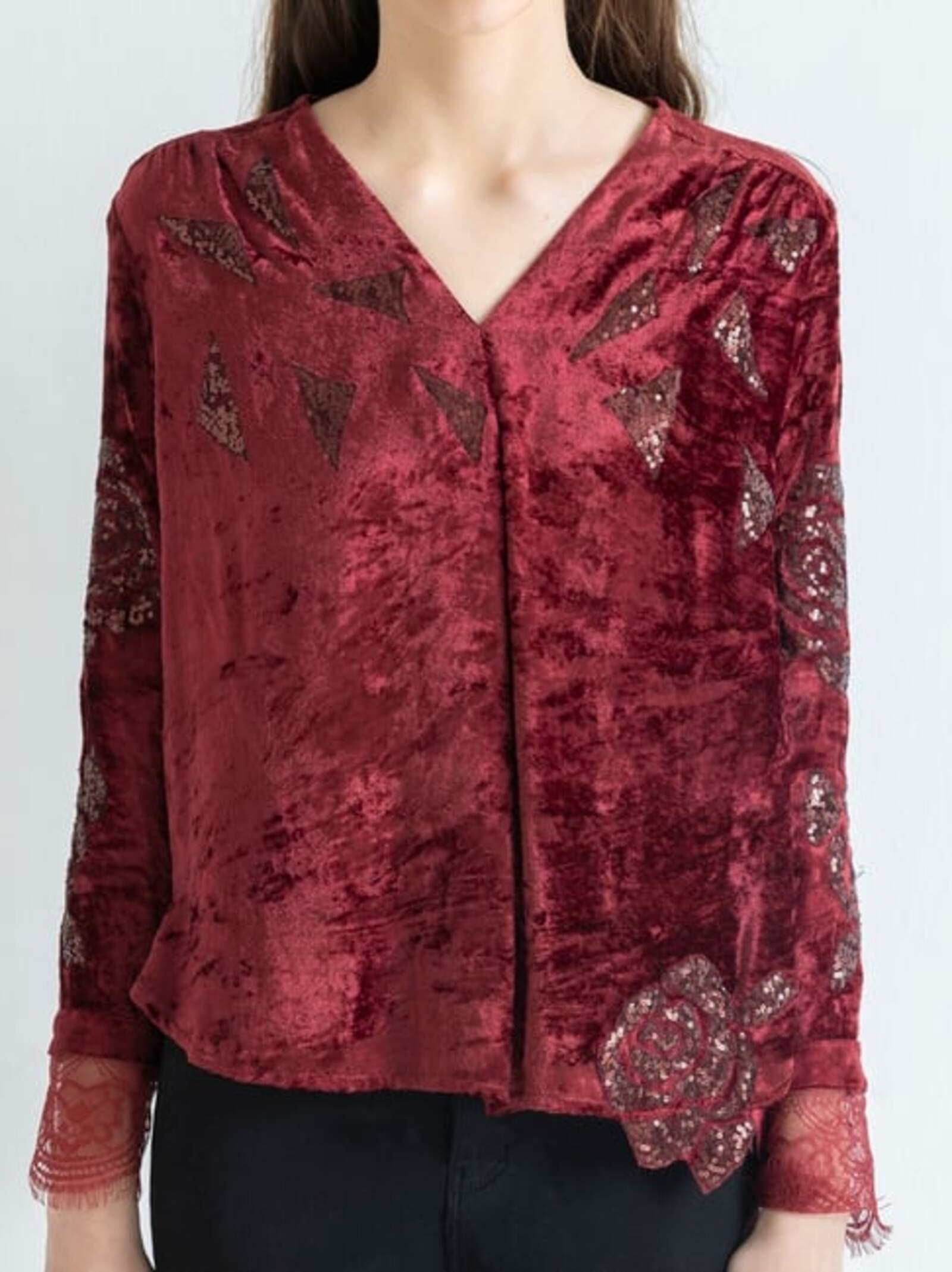 Embellished Velvet V-Neck Top in Deep Burgundy