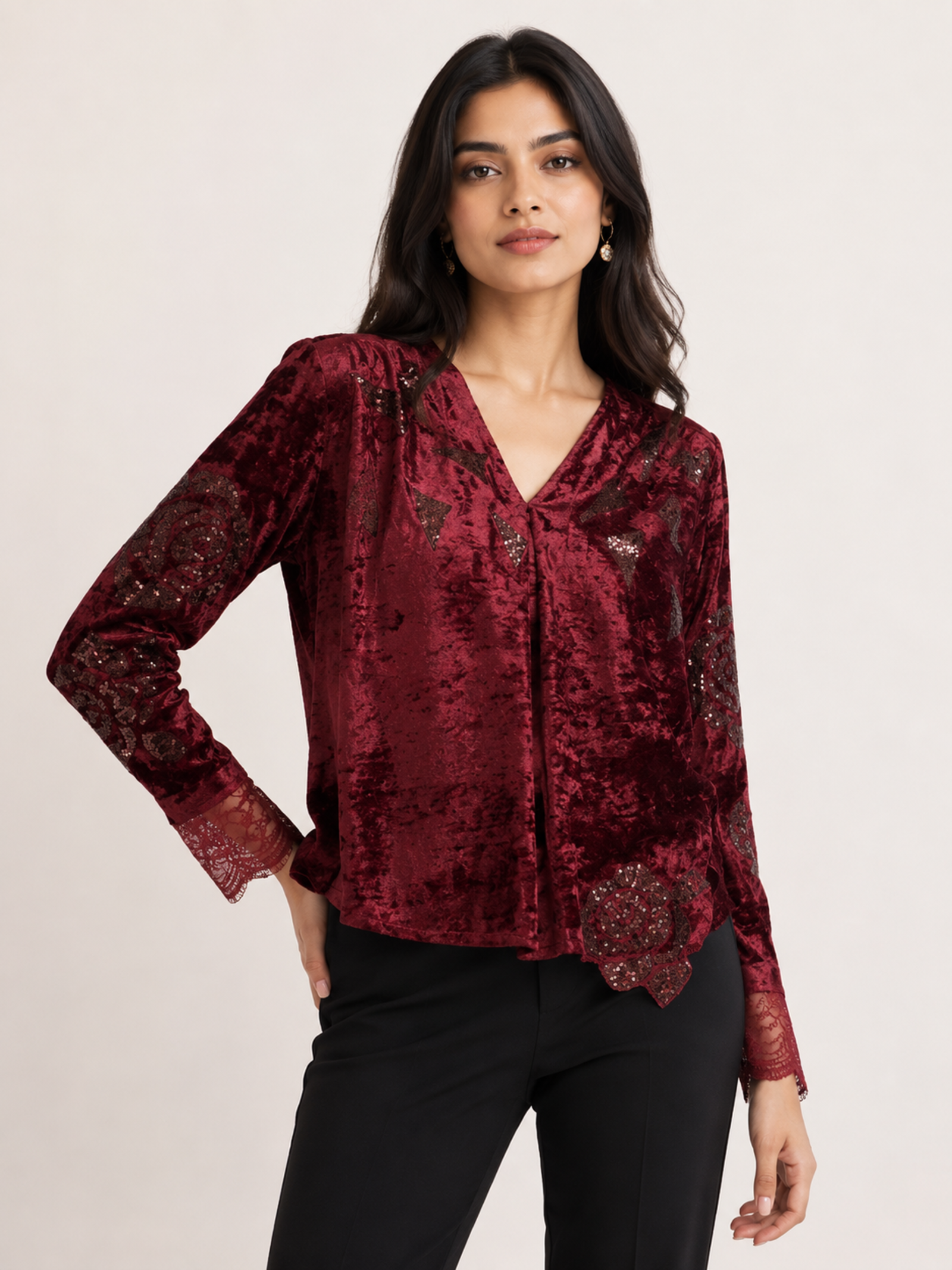 Embellished Velvet V-Neck Top in Deep Burgundy