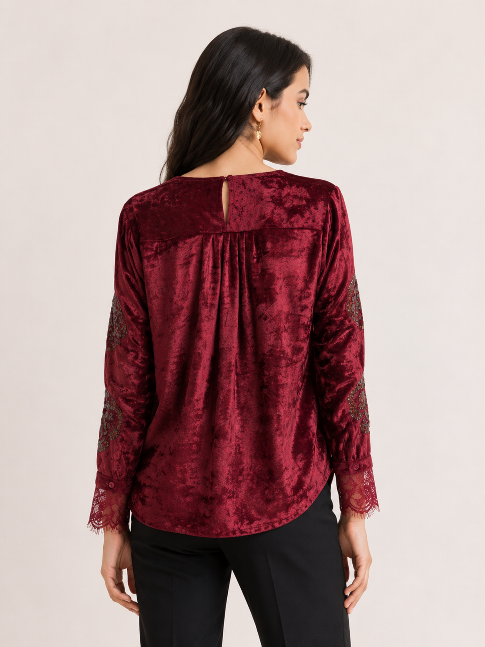 Embellished Velvet V-Neck Top in Deep Burgundy