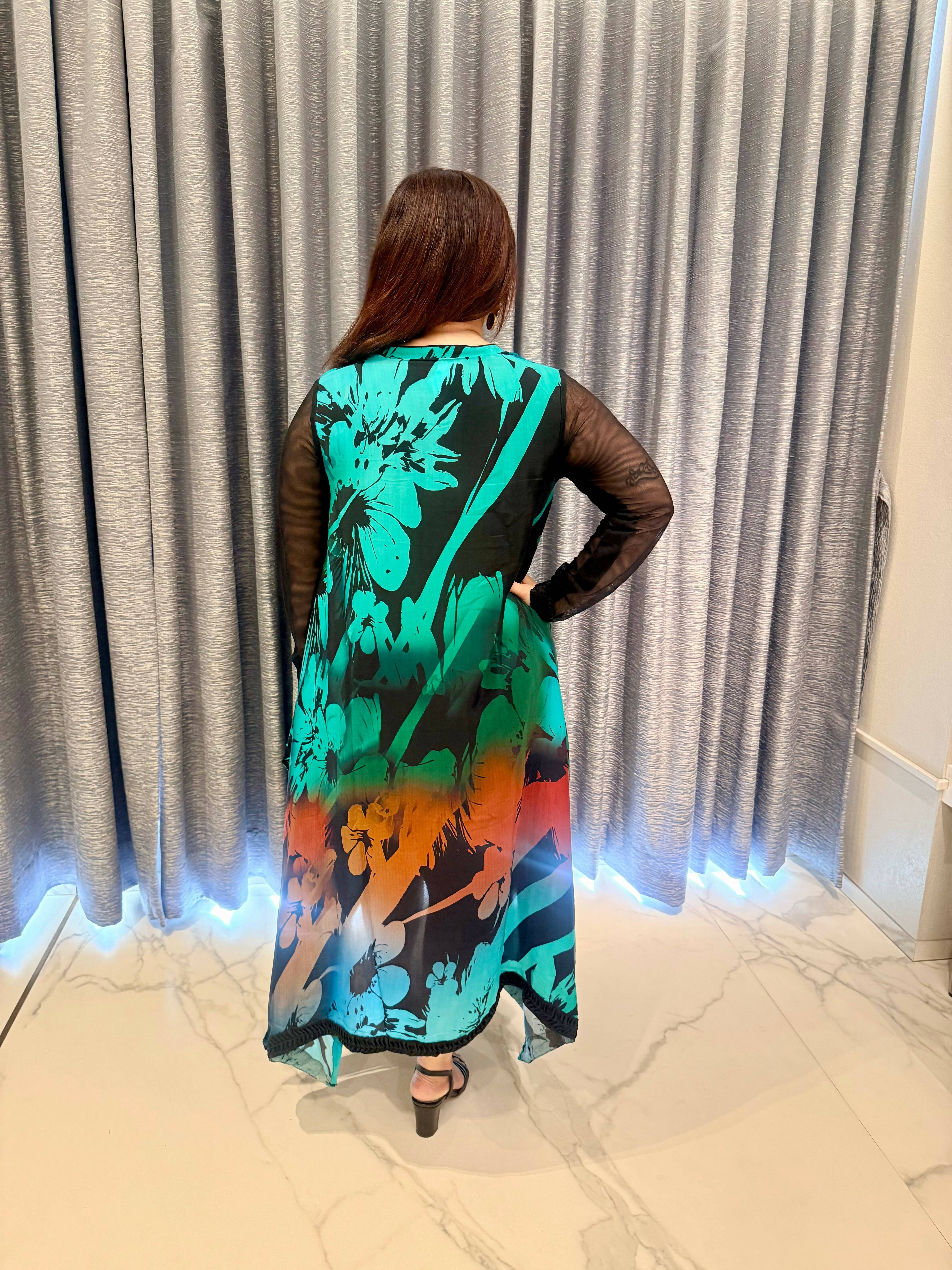 Asymmetrical Hem Printed Dress in Deep Teal & Sunset Hues
