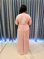 Pastel Pink Floor-Length Gown with Intricate White Chikankari-Style Embroidery